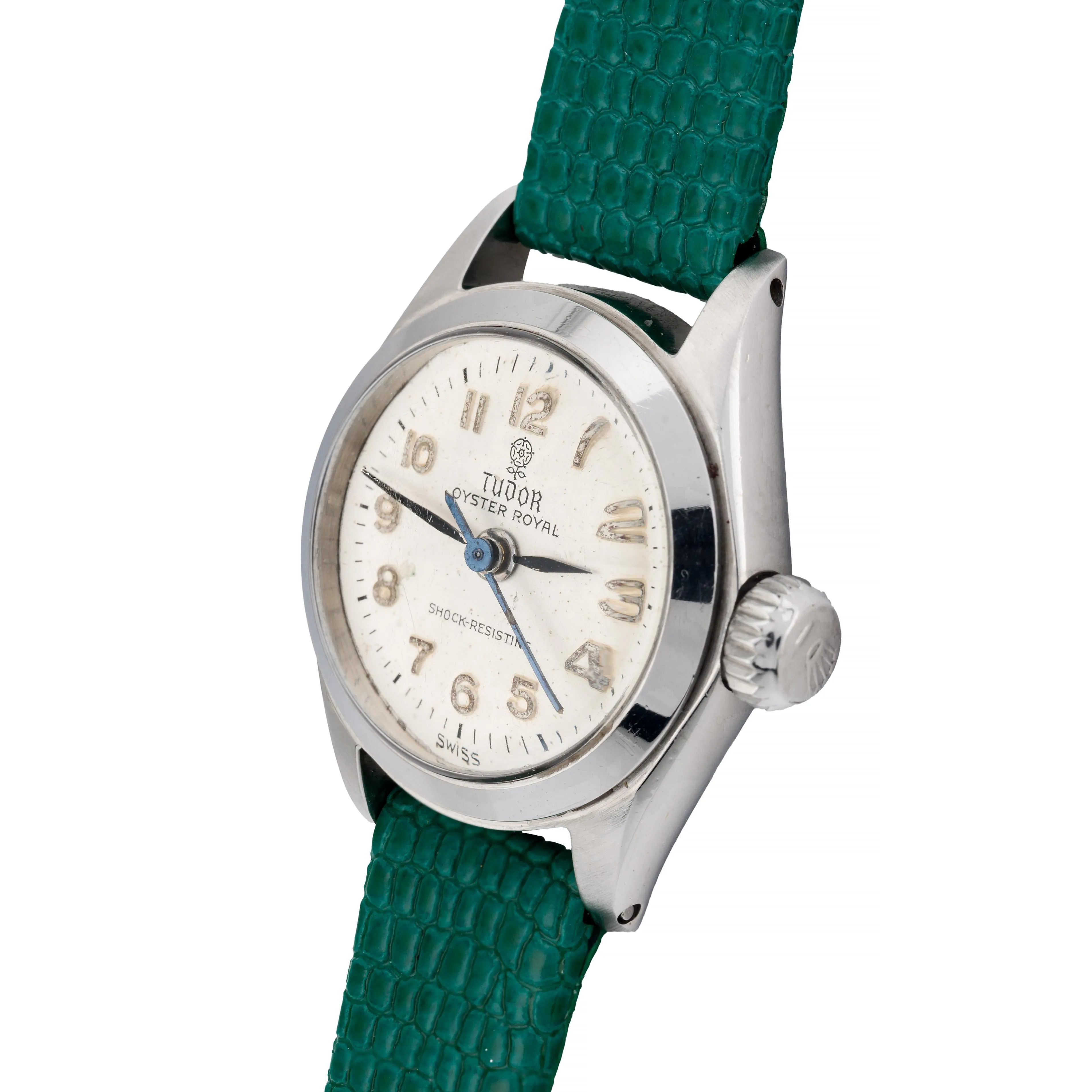Rolex Tudor Vintage Stainless Steel Ladies Wrist Watch on Green Lizard Strap