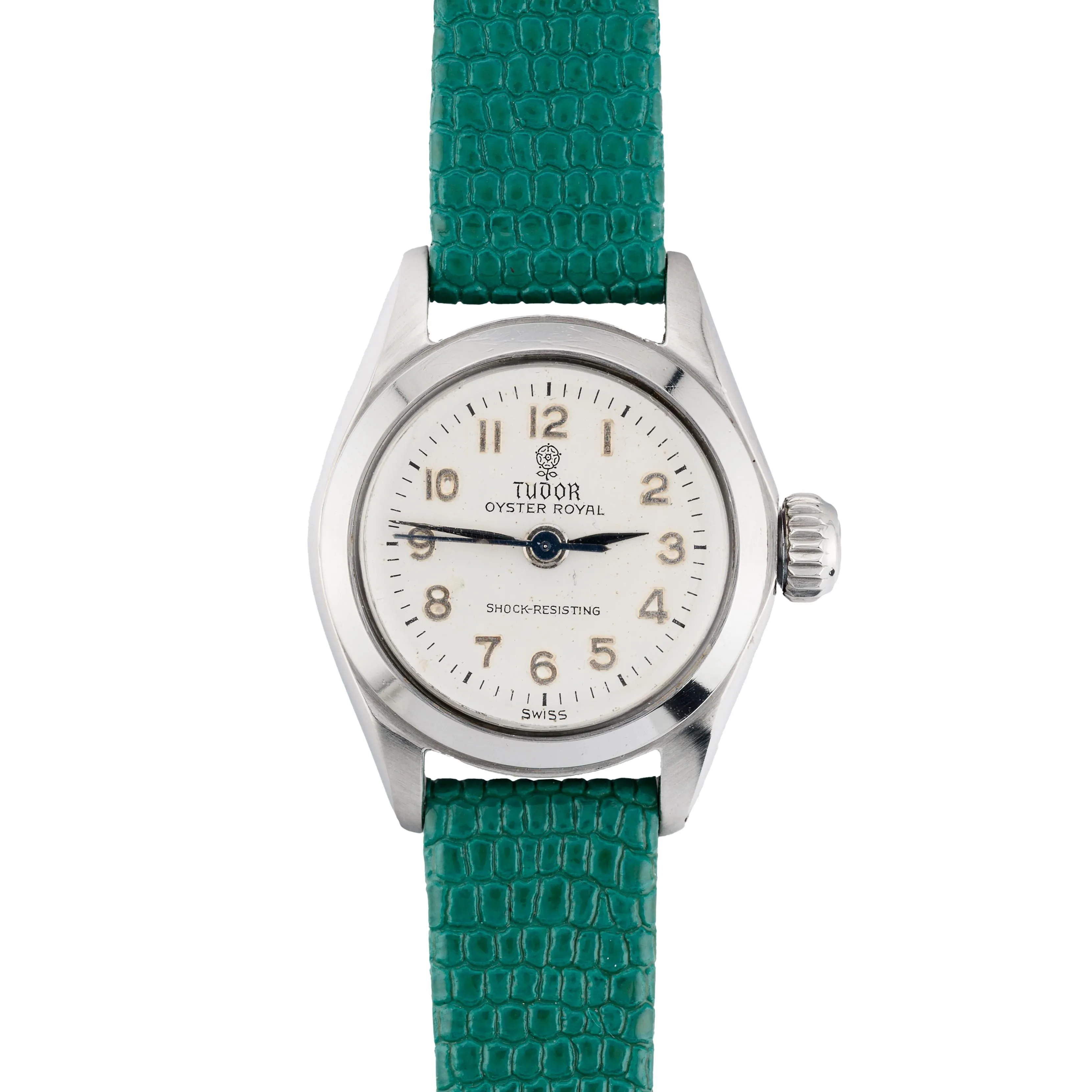 Rolex Tudor Vintage Stainless Steel Ladies Wrist Watch on Green Lizard Strap