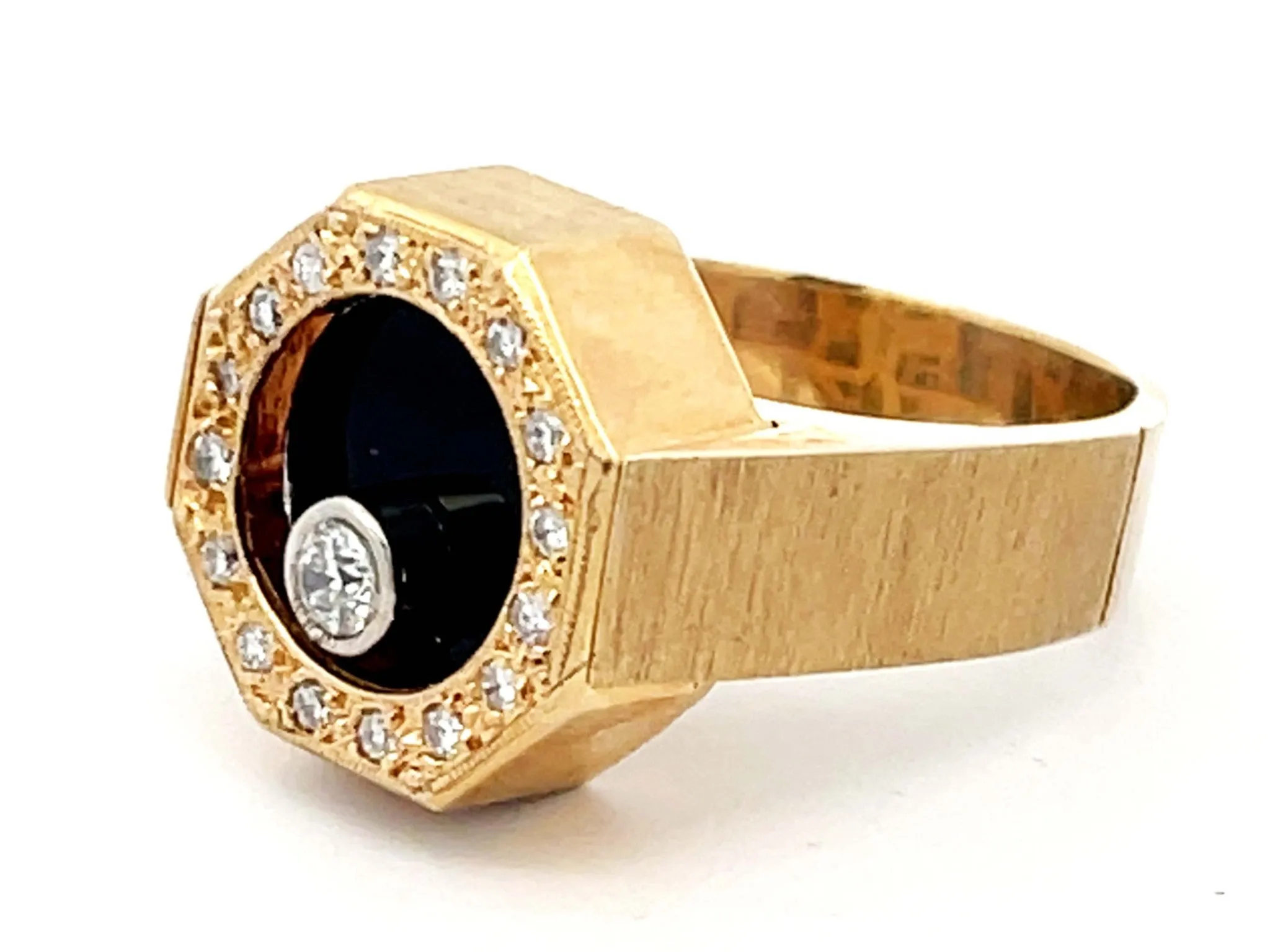 Rotating Diamond Ring on Black Onyx with Diamond Halo in 14k Yellow Gold