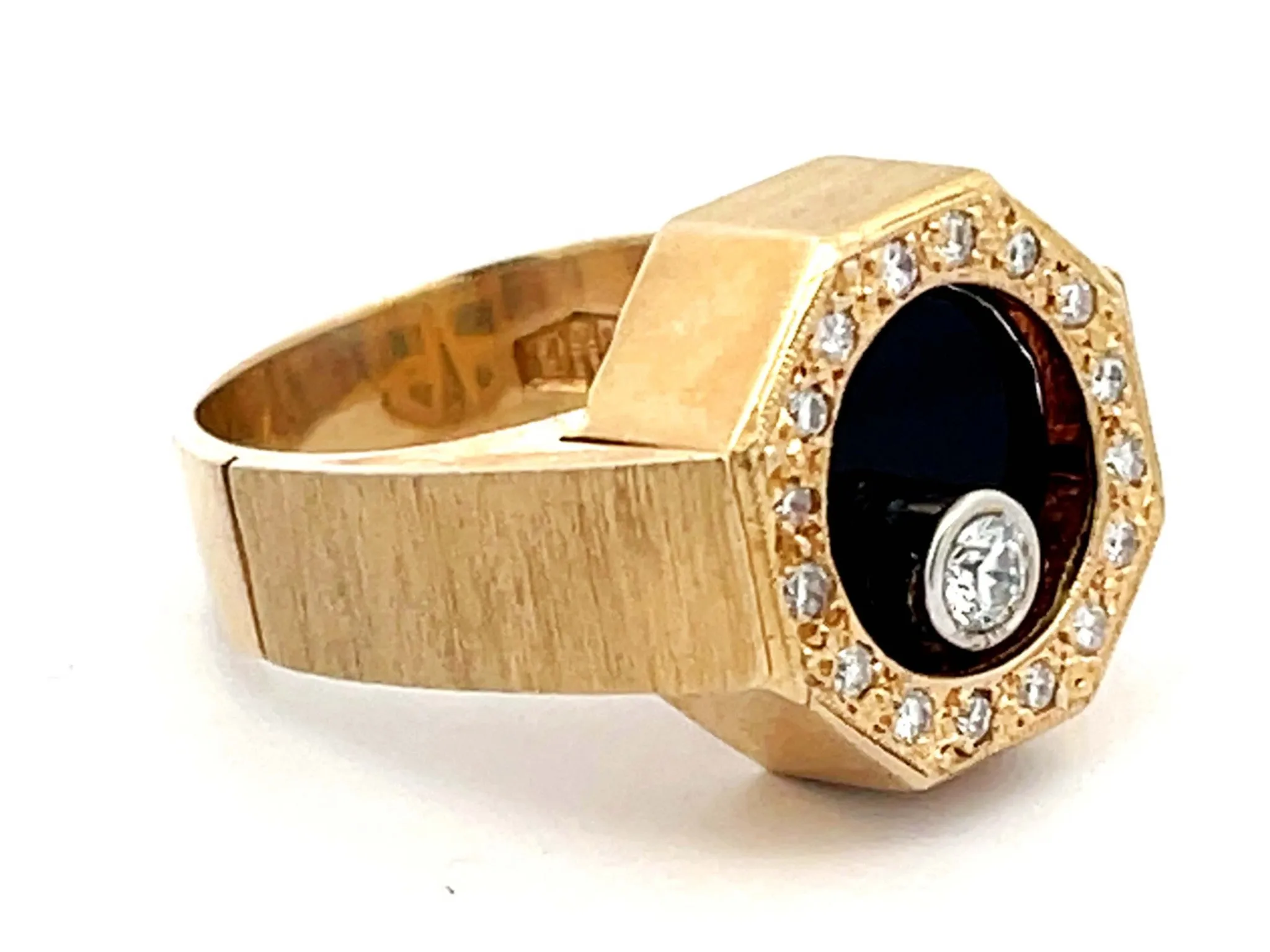 Rotating Diamond Ring on Black Onyx with Diamond Halo in 14k Yellow Gold
