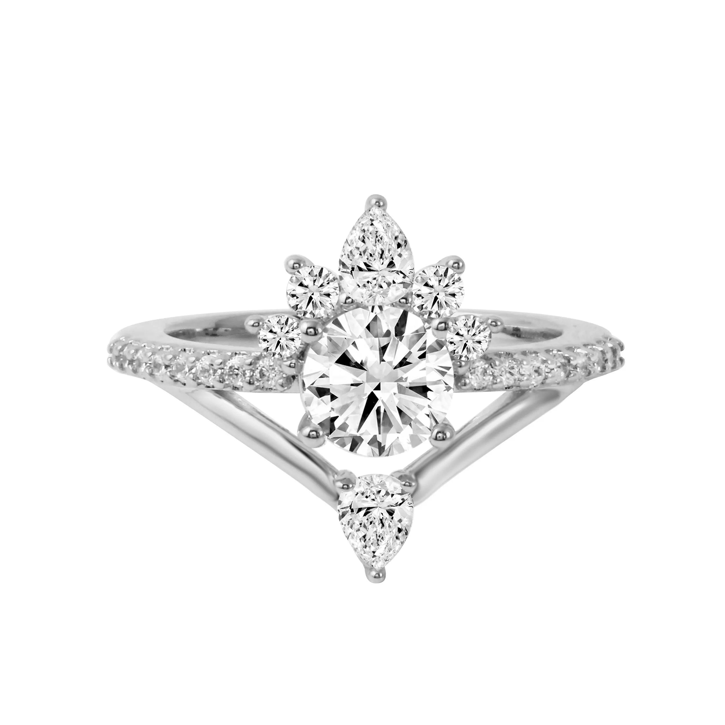 Round Diamond Starburst V-Shaped Engagement Ring Setting
