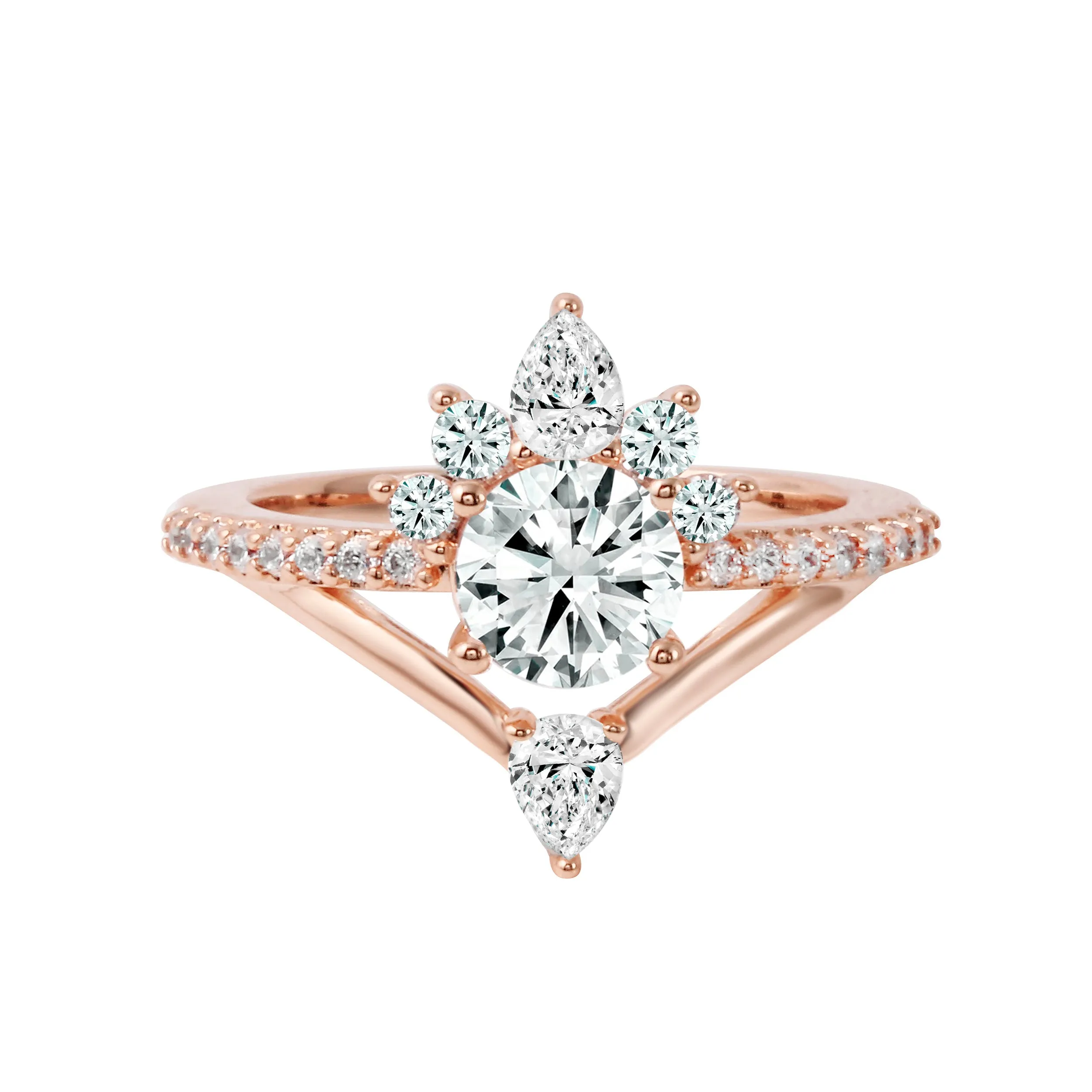 Round Diamond Starburst V-Shaped Engagement Ring Setting