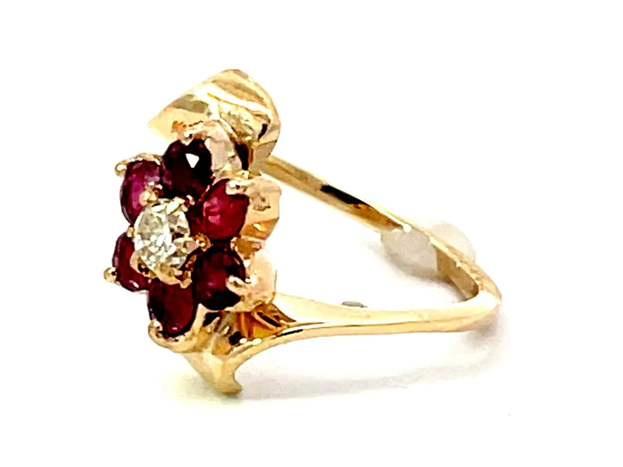Ruby Flower and Diamond Center Ring in 14k Yellow Gold
