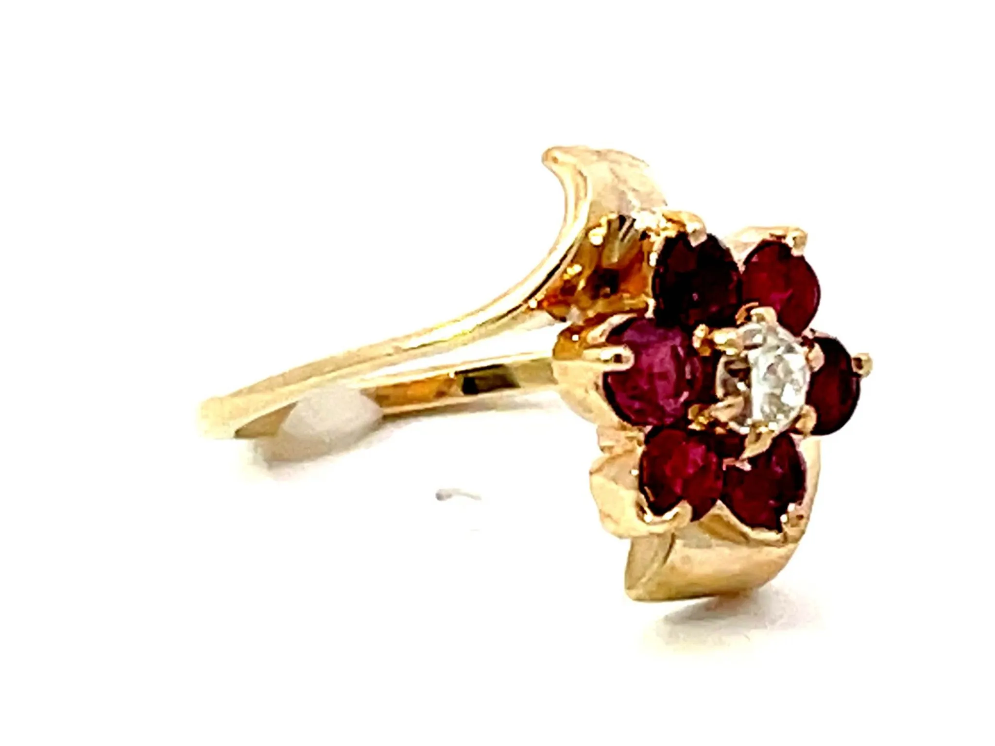 Ruby Flower and Diamond Center Ring in 14k Yellow Gold