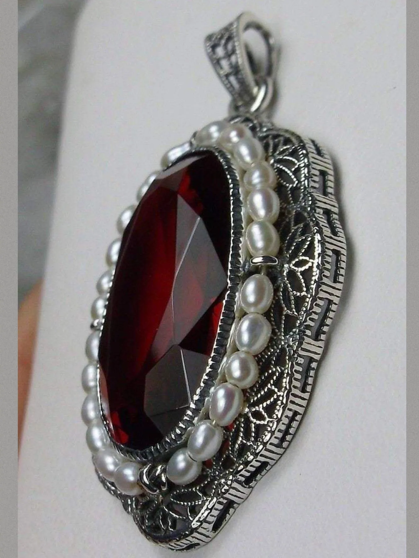 Ruby Pendant, Seed Pearl & Ruby Gem Victorian Reproduction Necklace #P52