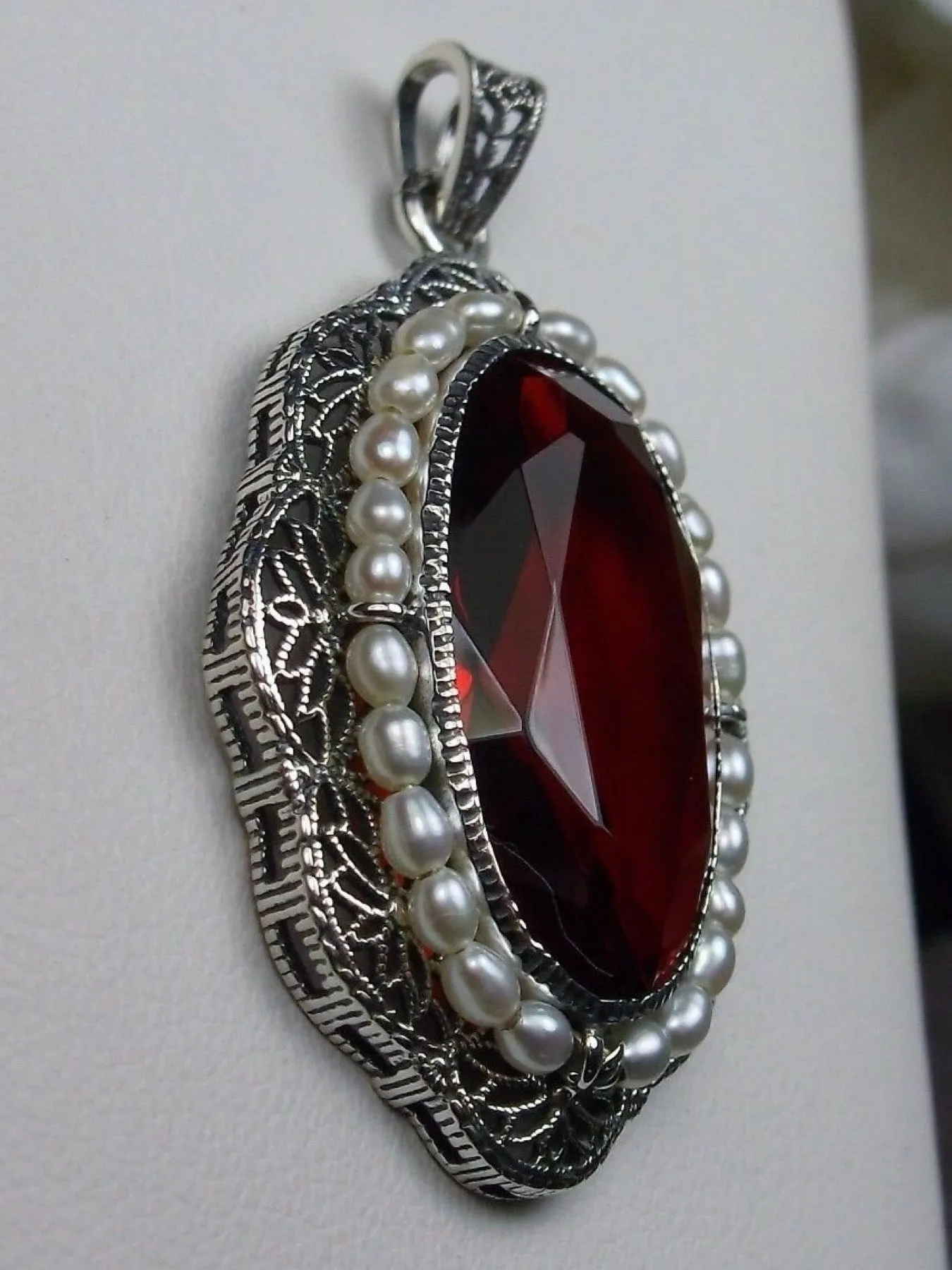 Ruby Pendant, Seed Pearl & Ruby Gem Victorian Reproduction Necklace #P52