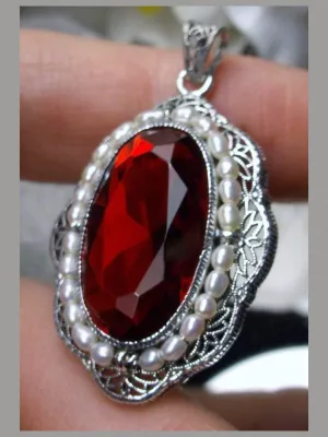Ruby Pendant, Seed Pearl & Ruby Gem Victorian Reproduction Necklace #P52