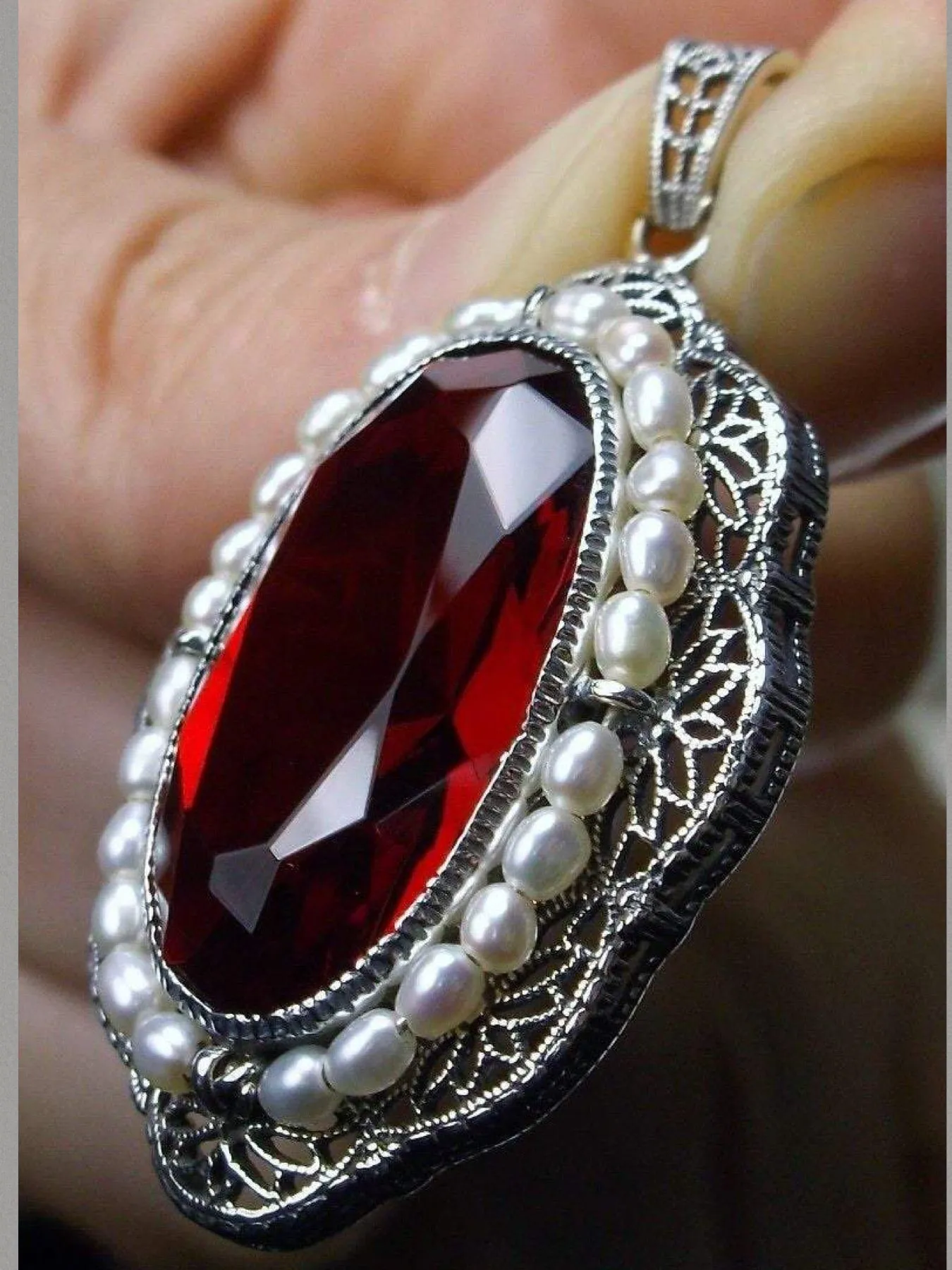Ruby Pendant, Seed Pearl & Ruby Gem Victorian Reproduction Necklace #P52