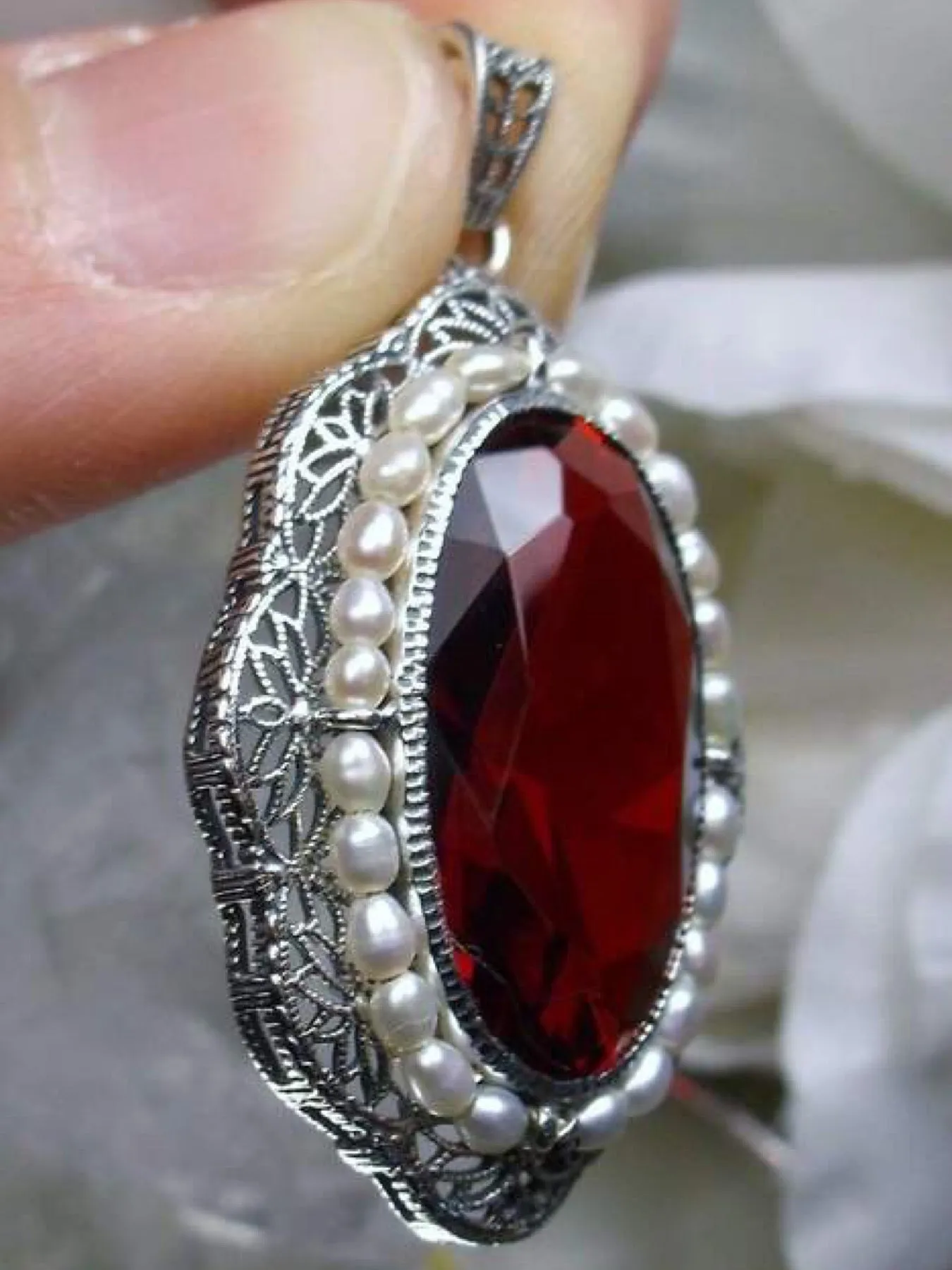 Ruby Pendant, Seed Pearl & Ruby Gem Victorian Reproduction Necklace #P52
