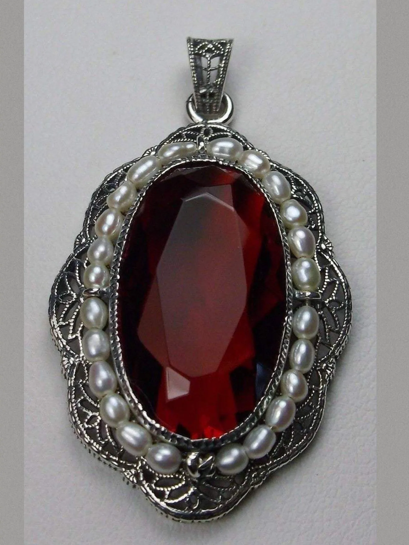Ruby Pendant, Seed Pearl & Ruby Gem Victorian Reproduction Necklace #P52