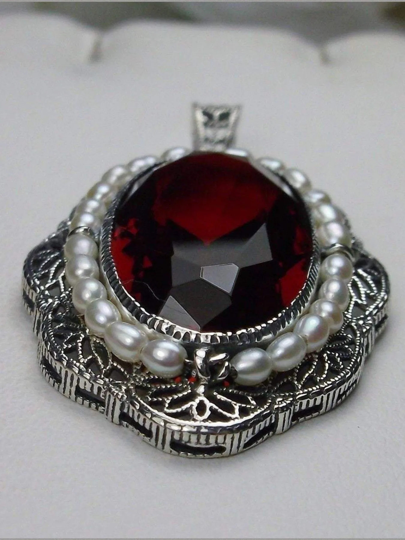 Ruby Pendant, Seed Pearl & Ruby Gem Victorian Reproduction Necklace #P52