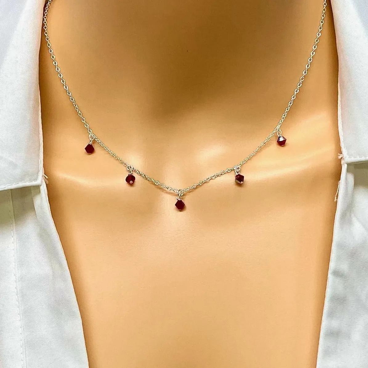 Ruby Red Crystal Choker Silver Necklace