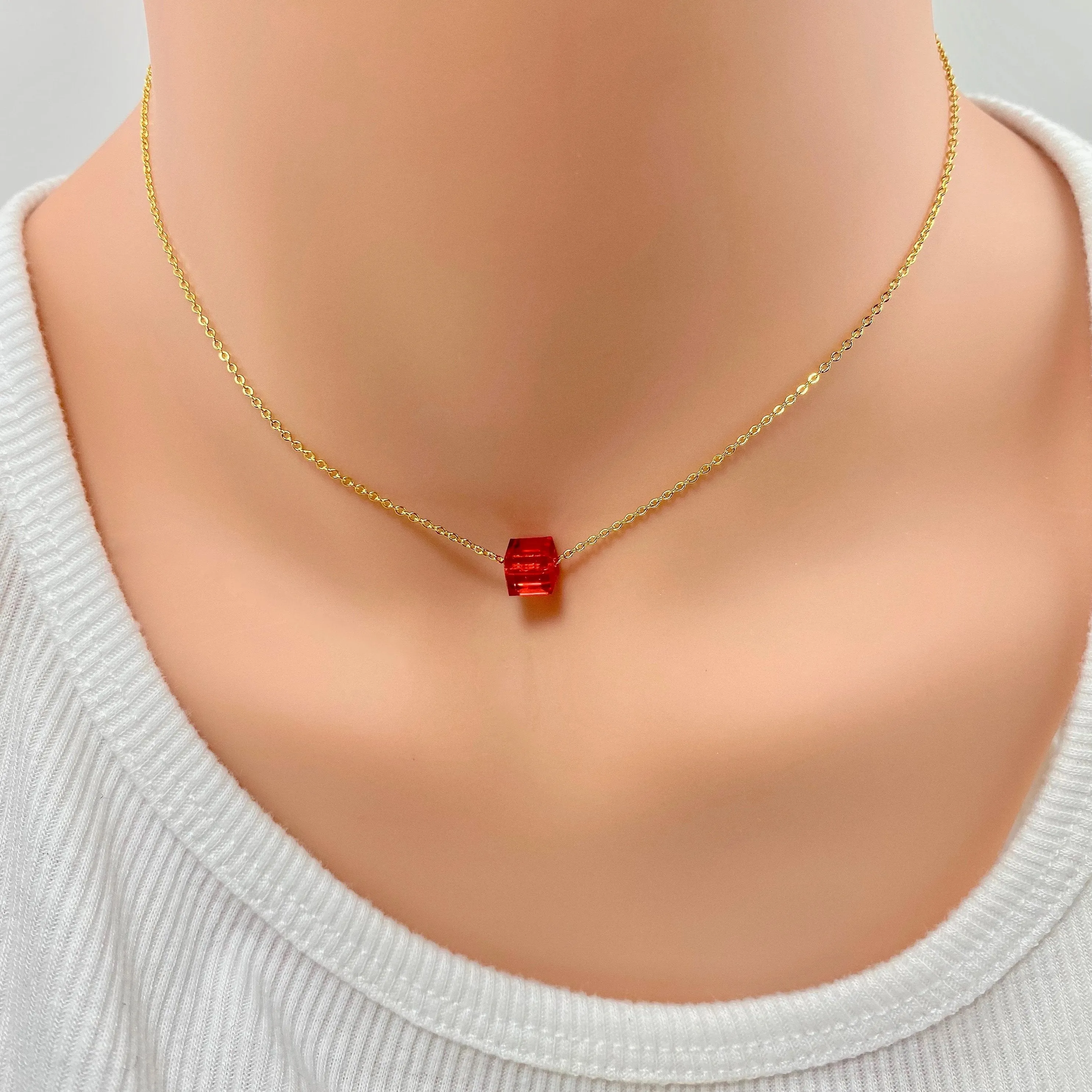 Ruby Red Crystal Cube 14K Gold Necklace