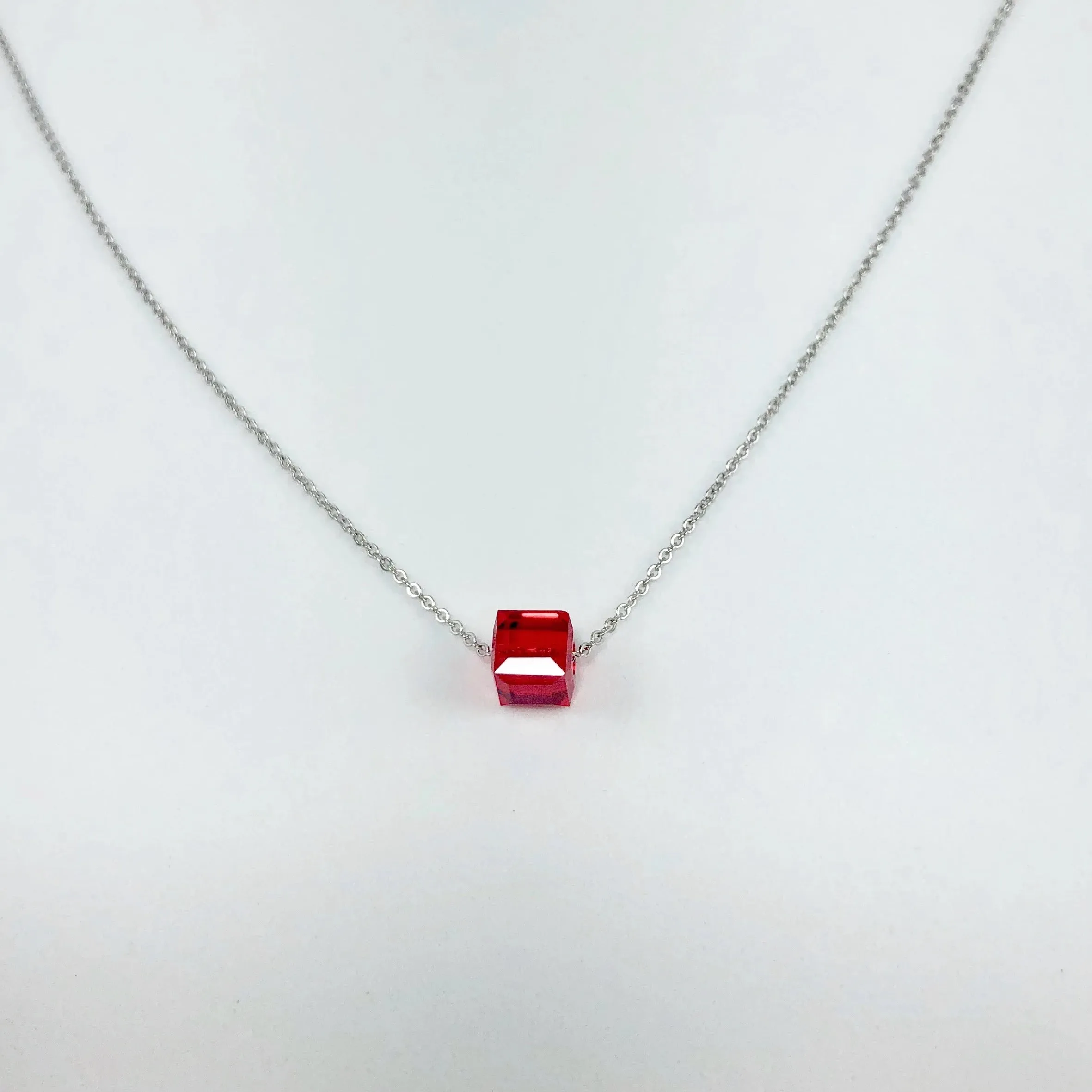 Ruby Red Crystal Cube 14K Gold Necklace
