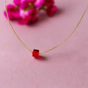 Ruby Red Crystal Cube 14K Gold Necklace