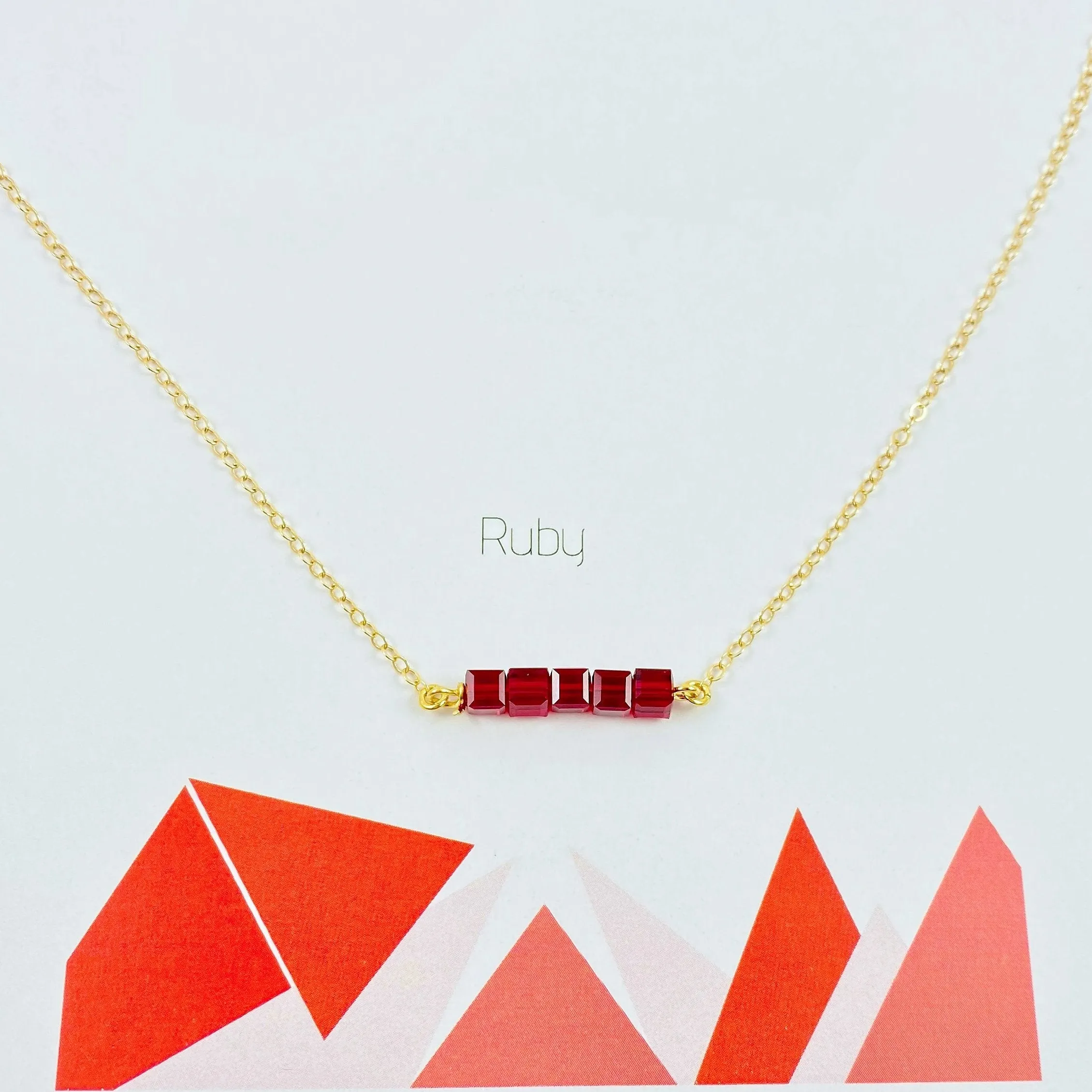 Ruby Red Cube Bar Necklace 14K Gold