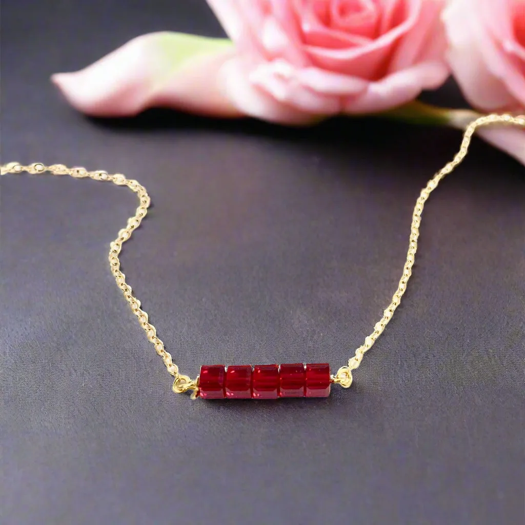 Ruby Red Cube Bar Necklace 14K Gold