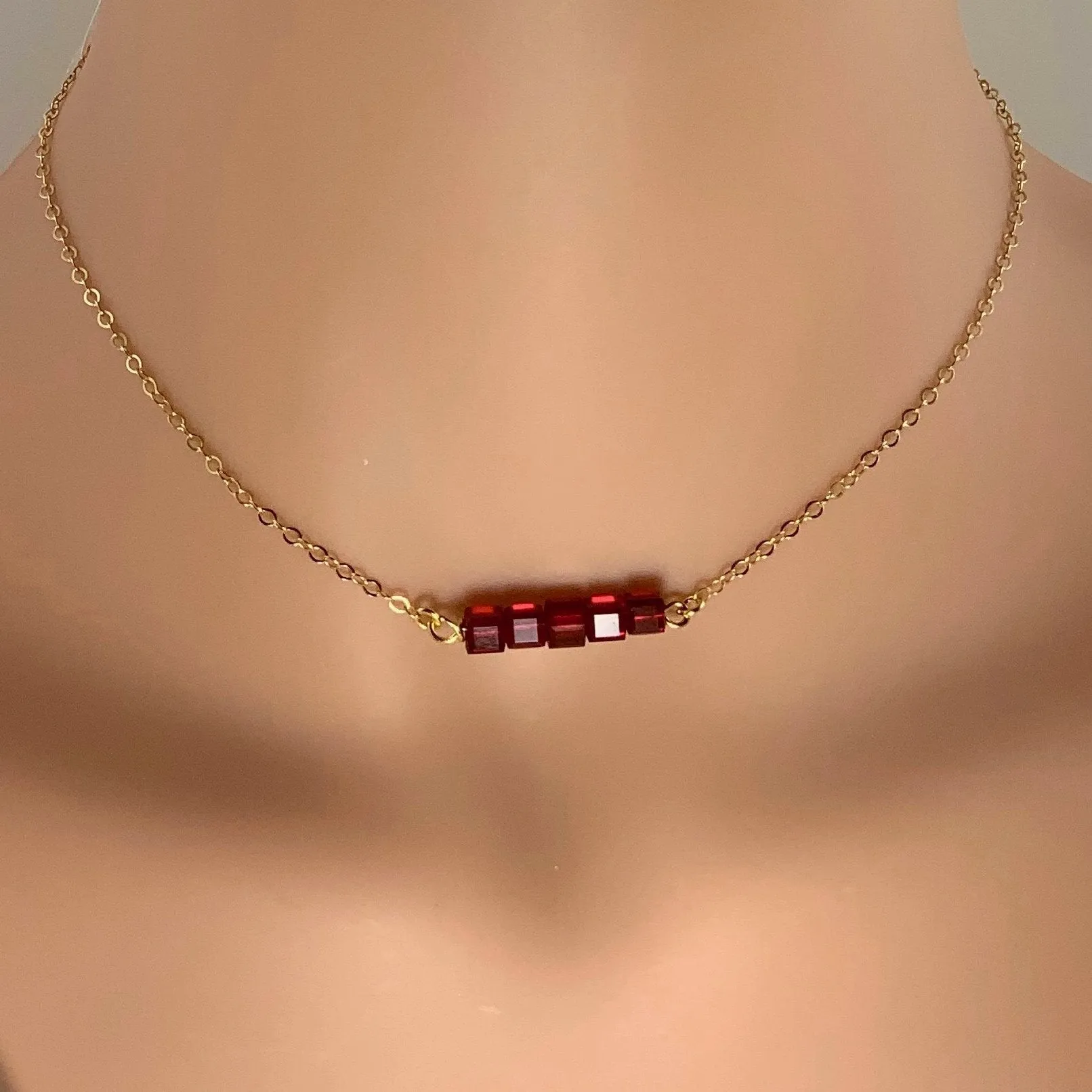 Ruby Red Cube Bar Necklace 14K Gold
