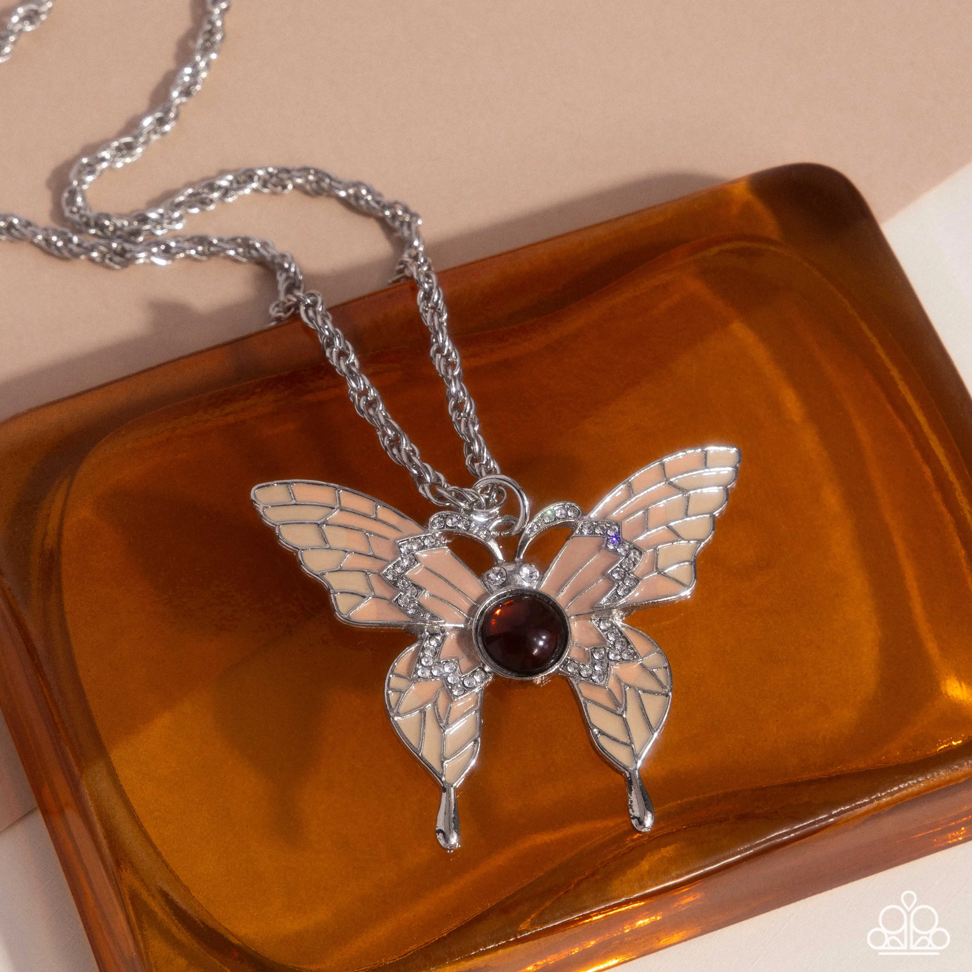 Showstopping Shuttle - Brown - Opalescent Bead Center Painted Butterfly Paparazzi Long Necklace