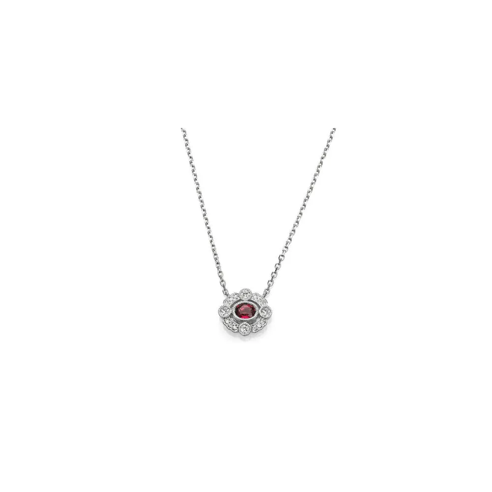 Sideways-Set Oval Ruby with Pavé Filigree Pendant Necklace