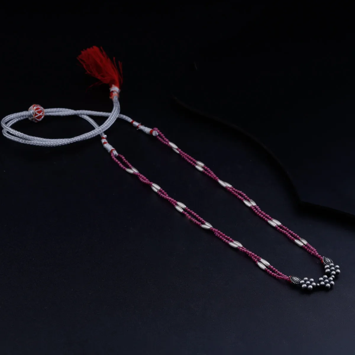 Silver Rice Bead Kudi Pendant Necklace with Ruby