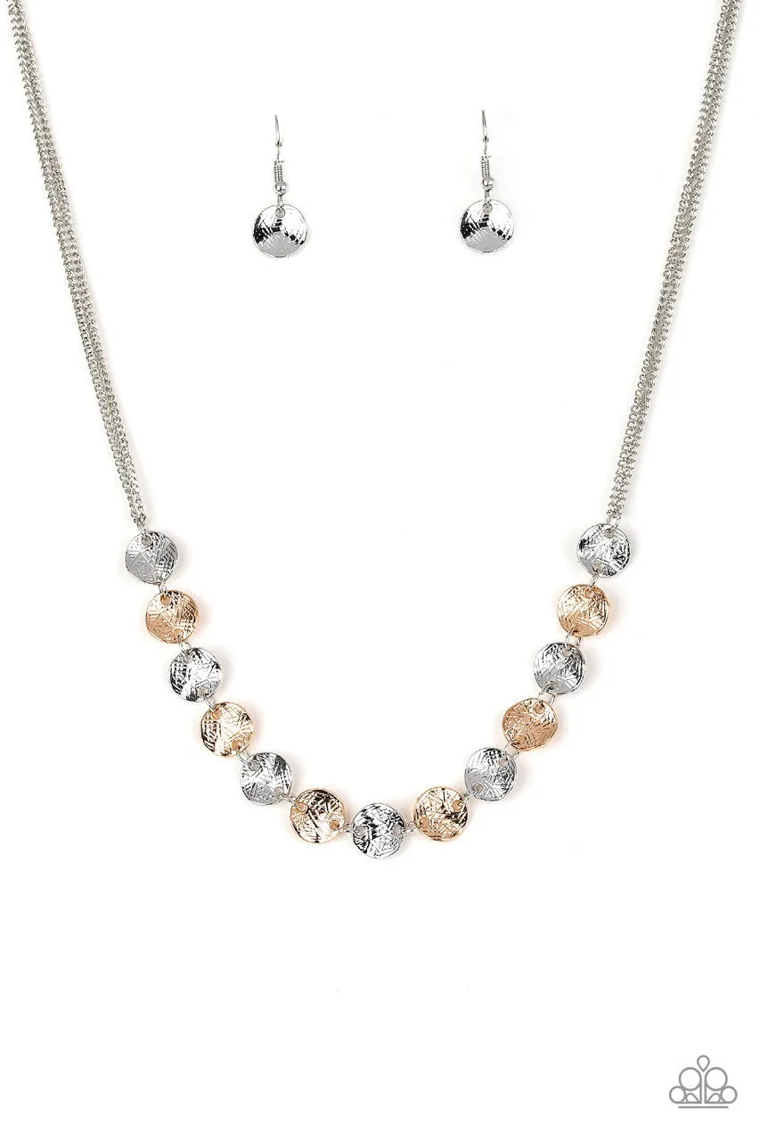 Simple Sheen - Silver - and Gold Mixed Metal Etched Disc Paparazzi Short Necklace - 2021 Empower Me Pink Exclusive
