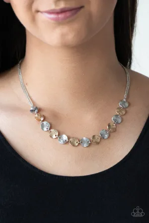 Simple Sheen - Silver - and Gold Mixed Metal Etched Disc Paparazzi Short Necklace - 2021 Empower Me Pink Exclusive