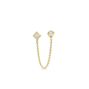 Single Double-Stud Earring with Chain Connection with Princess and Round Cut