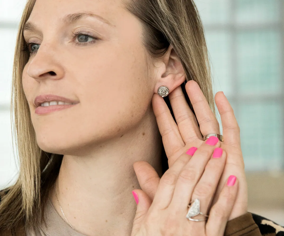 Small Round Platinum Druzy Stud Earrings