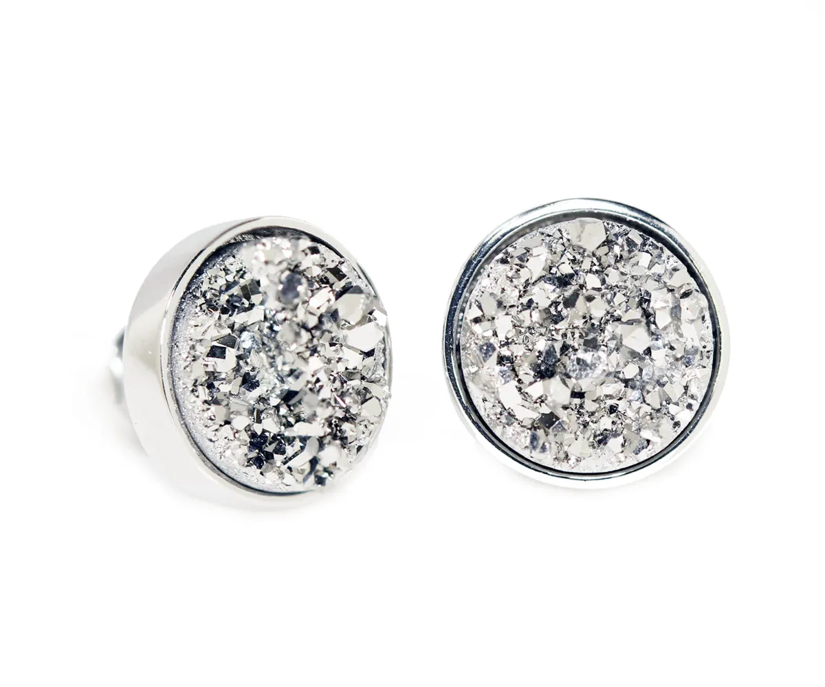 Small Round Platinum Druzy Stud Earrings