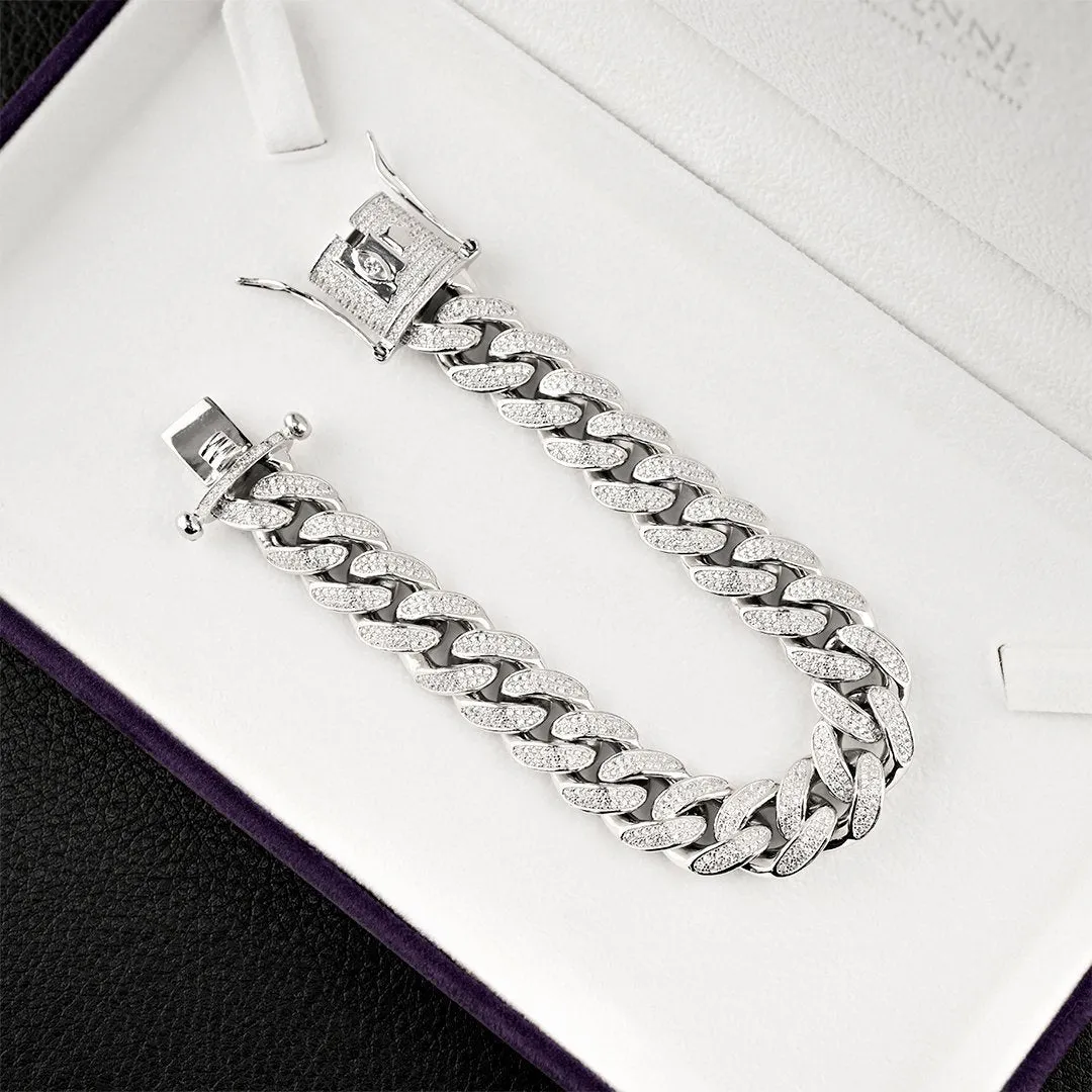 Sterling Silver Cubic Zirconia Stones Cuban Link Bracelet 13 mm