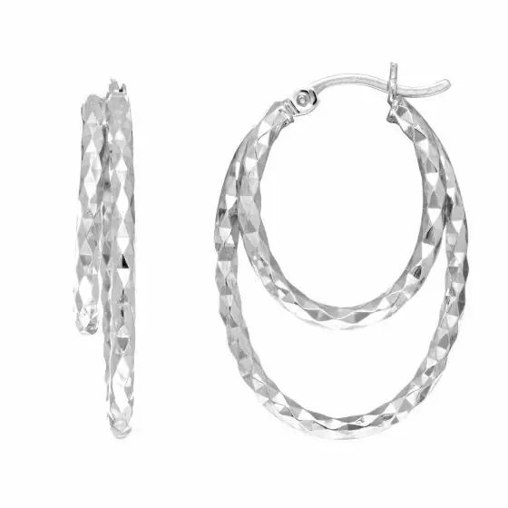 Sterling Silver Double Hoop Diamond Cut Earrings