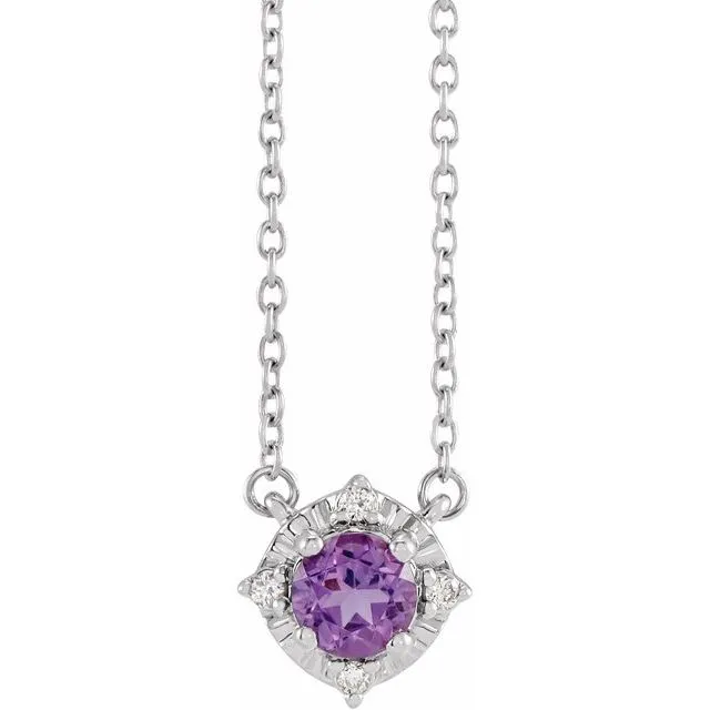 Sterling Silver or 14k Gold Gemstone and .04 CTW Diamond Halo-Style 18" Necklaces