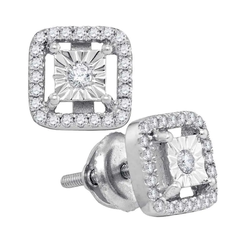 Sterling Silver Round Diamond Miracle Solitaire Square Stud Earrings 1/4 CTTW