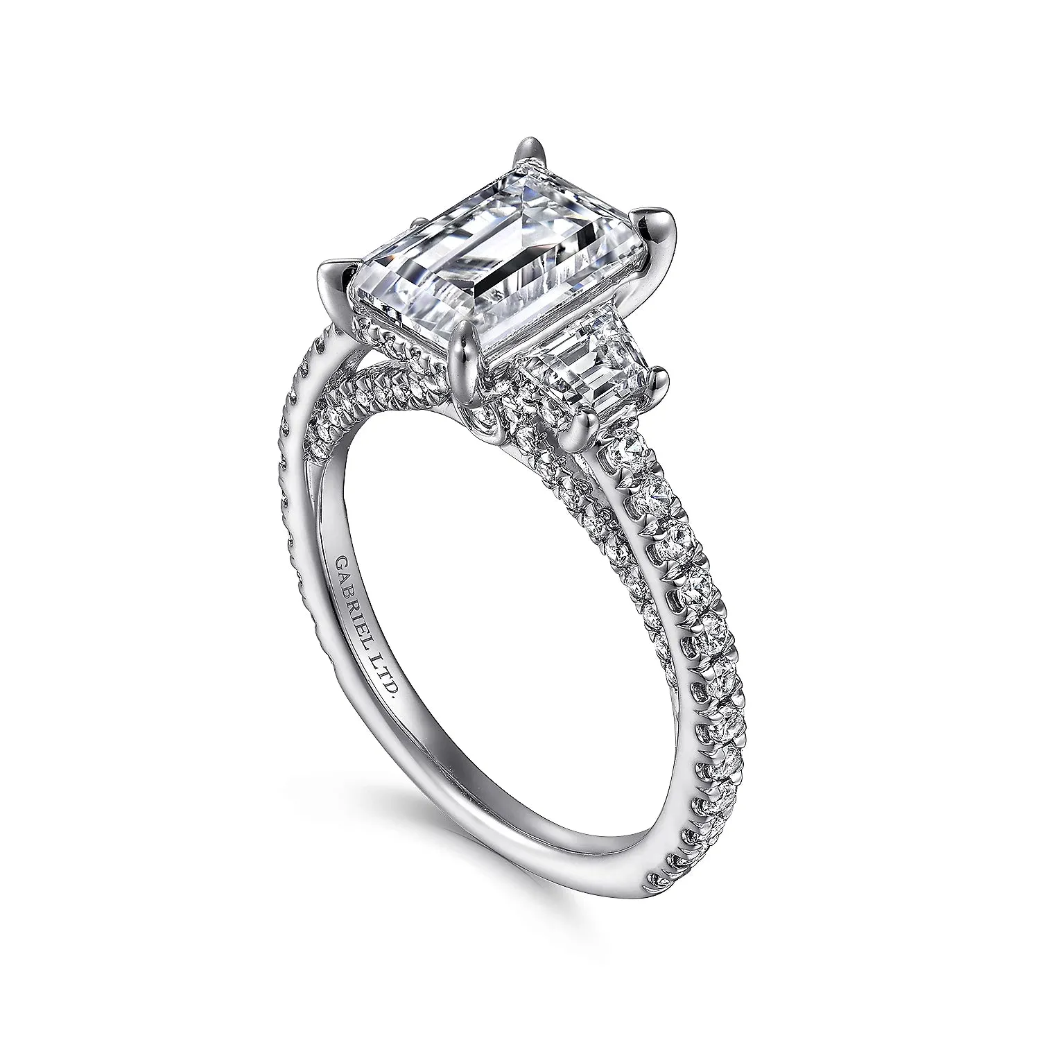 Straight Three Stone Emerald Cut Diamond Engagement Ring Mounting