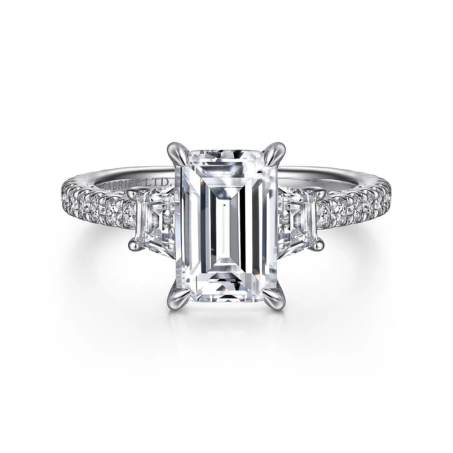 Straight Three Stone Emerald Cut Diamond Engagement Ring Mounting