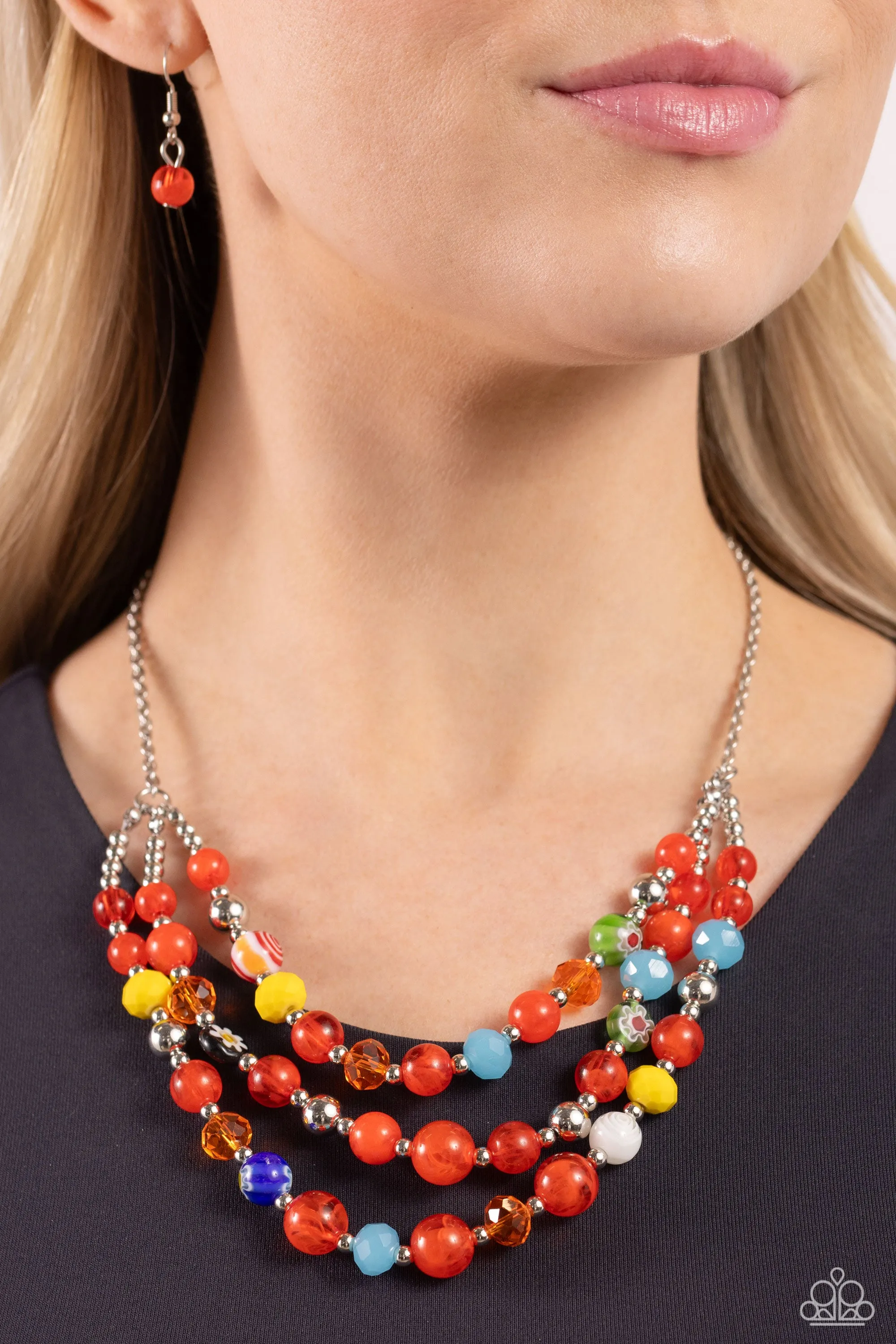 Summer Scope - Red - and Multicolored Flower Bead Tiered Paparazzi Short Necklace