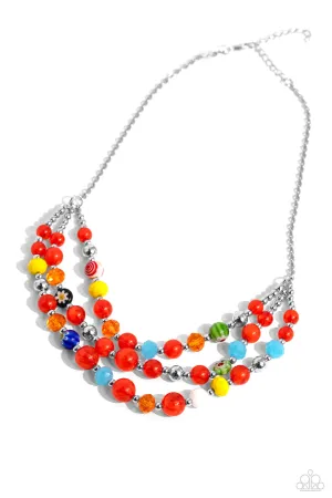 Summer Scope - Red - and Multicolored Flower Bead Tiered Paparazzi Short Necklace