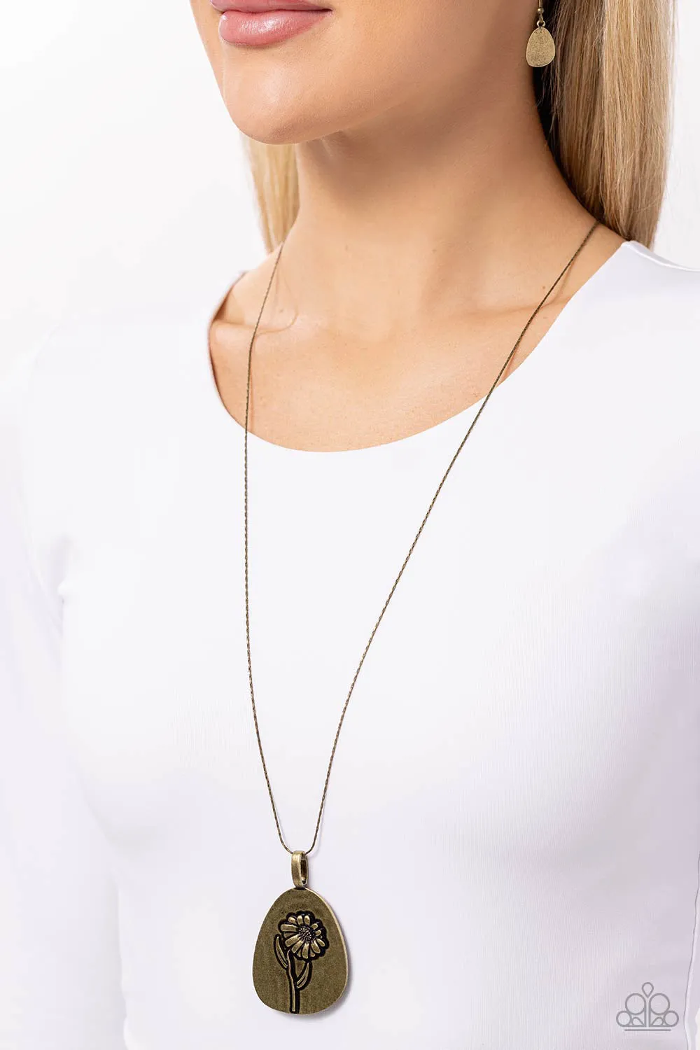 Sunflower Shift - Brass - Flower Abstract Teardrop Paparazzi Long Necklace