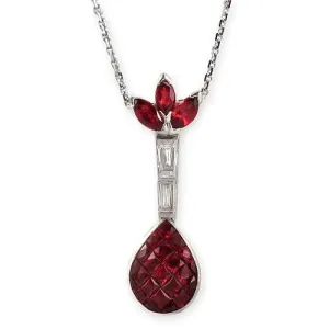 Teardrop Style, Invisible Set Ruby And Diamond Pendant Necklace In 18k White Gold