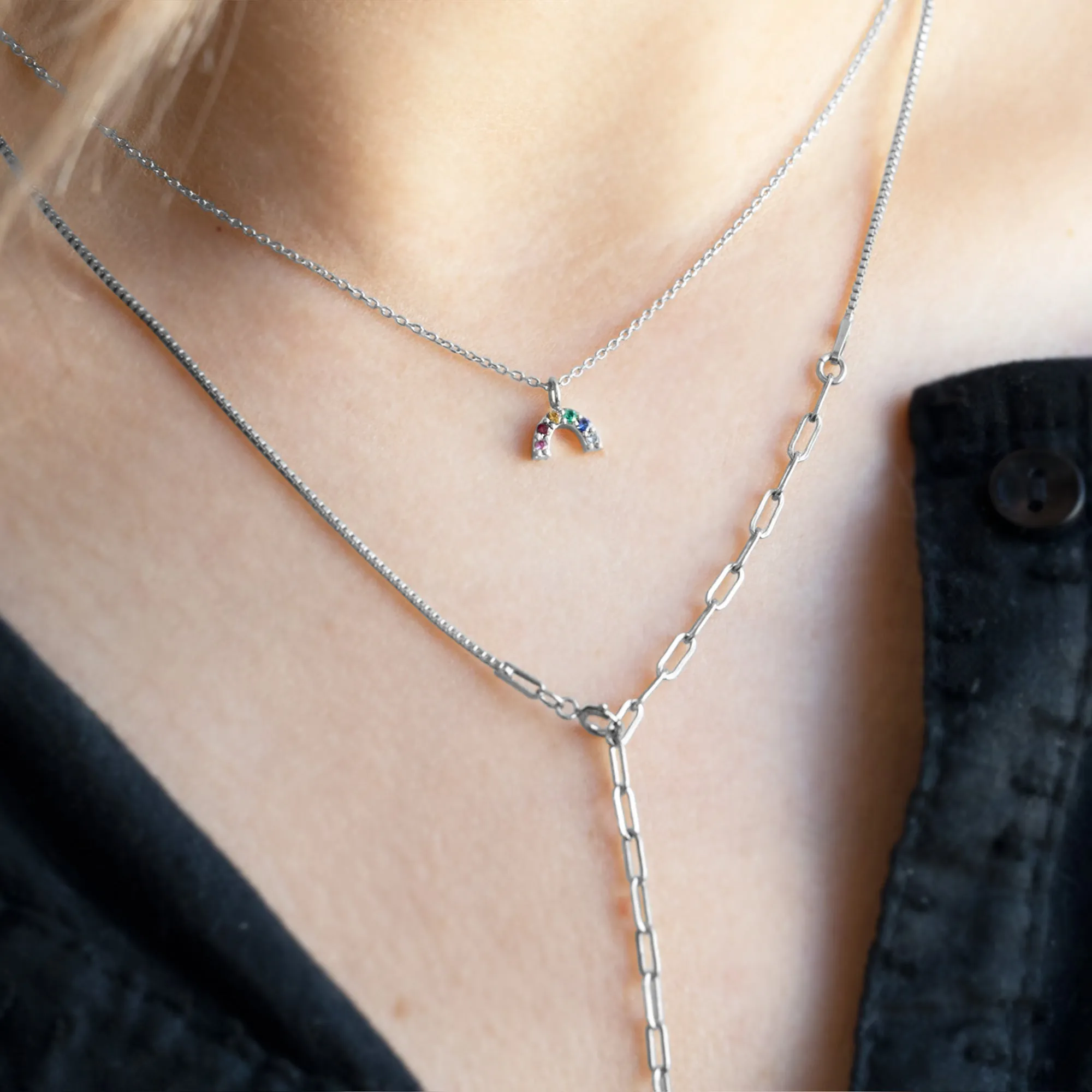 The Rainbow Sapphire Charm Necklace | 10K White Gold
