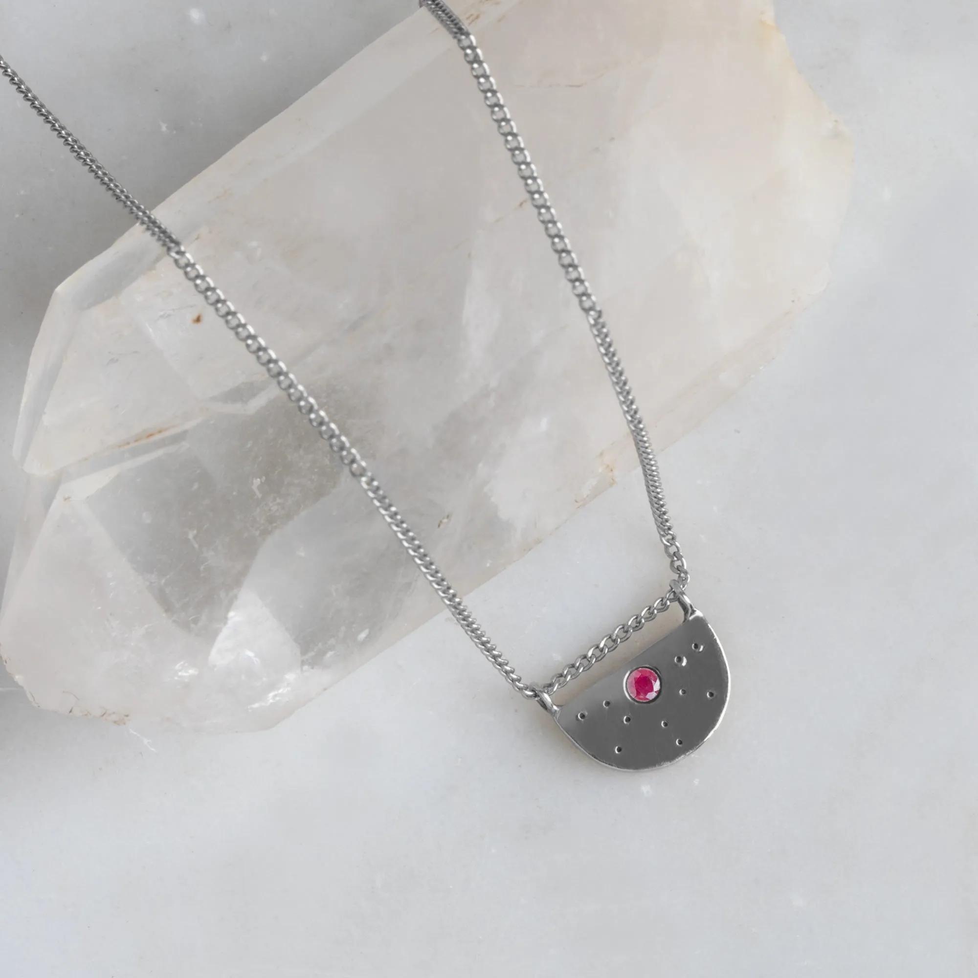 The Ruby Half Moon Stardust Necklace | Sterling Silver