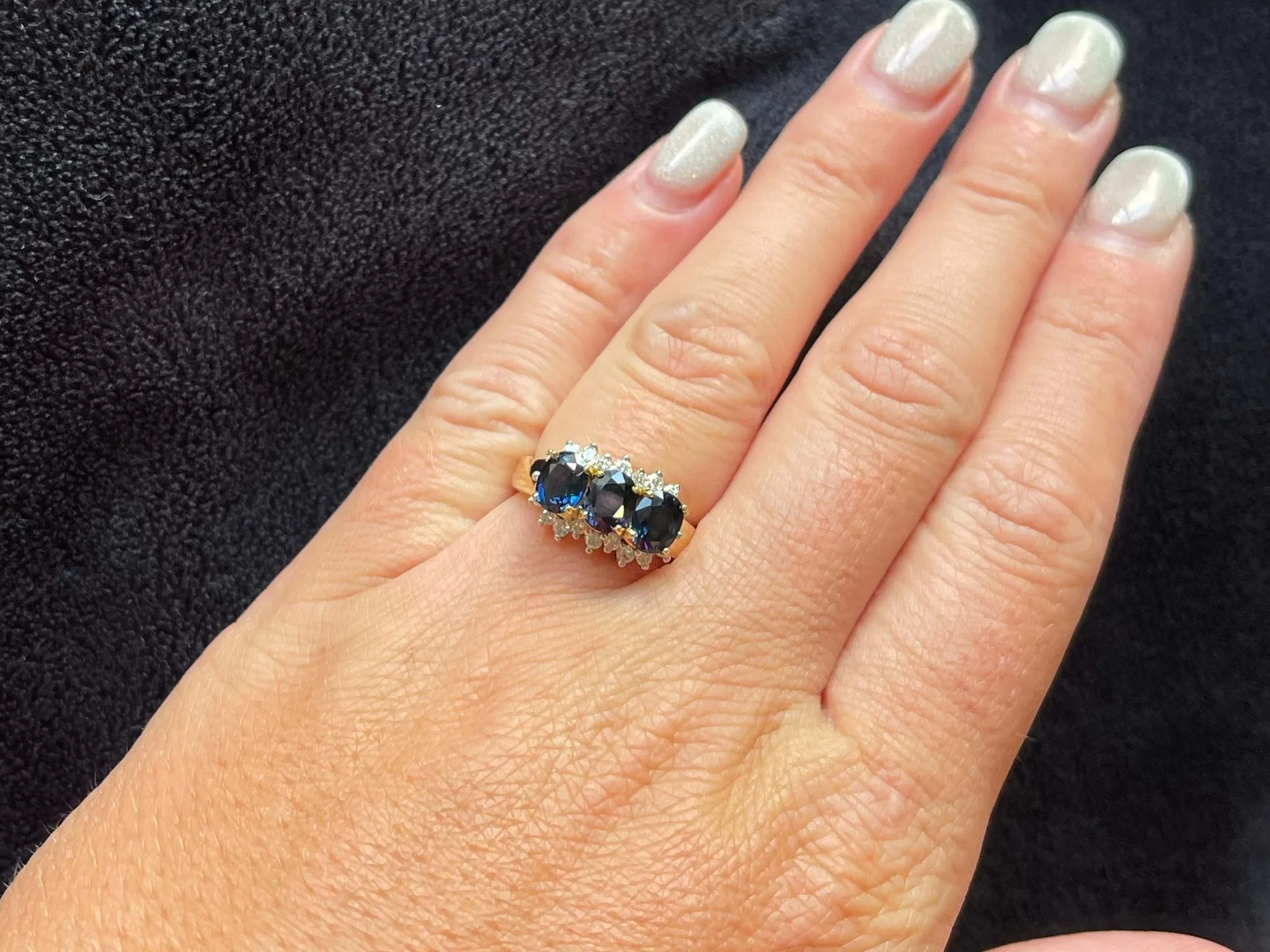 Three Oval Blue Sapphire and Diamond Ring in 18K Yellow Gold