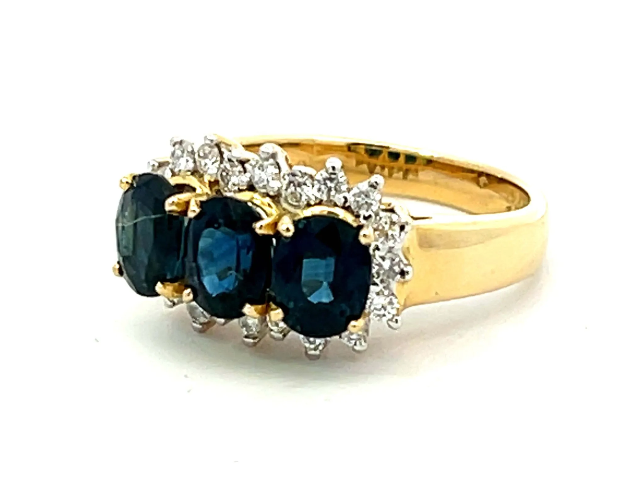 Three Oval Blue Sapphire and Diamond Ring in 18K Yellow Gold