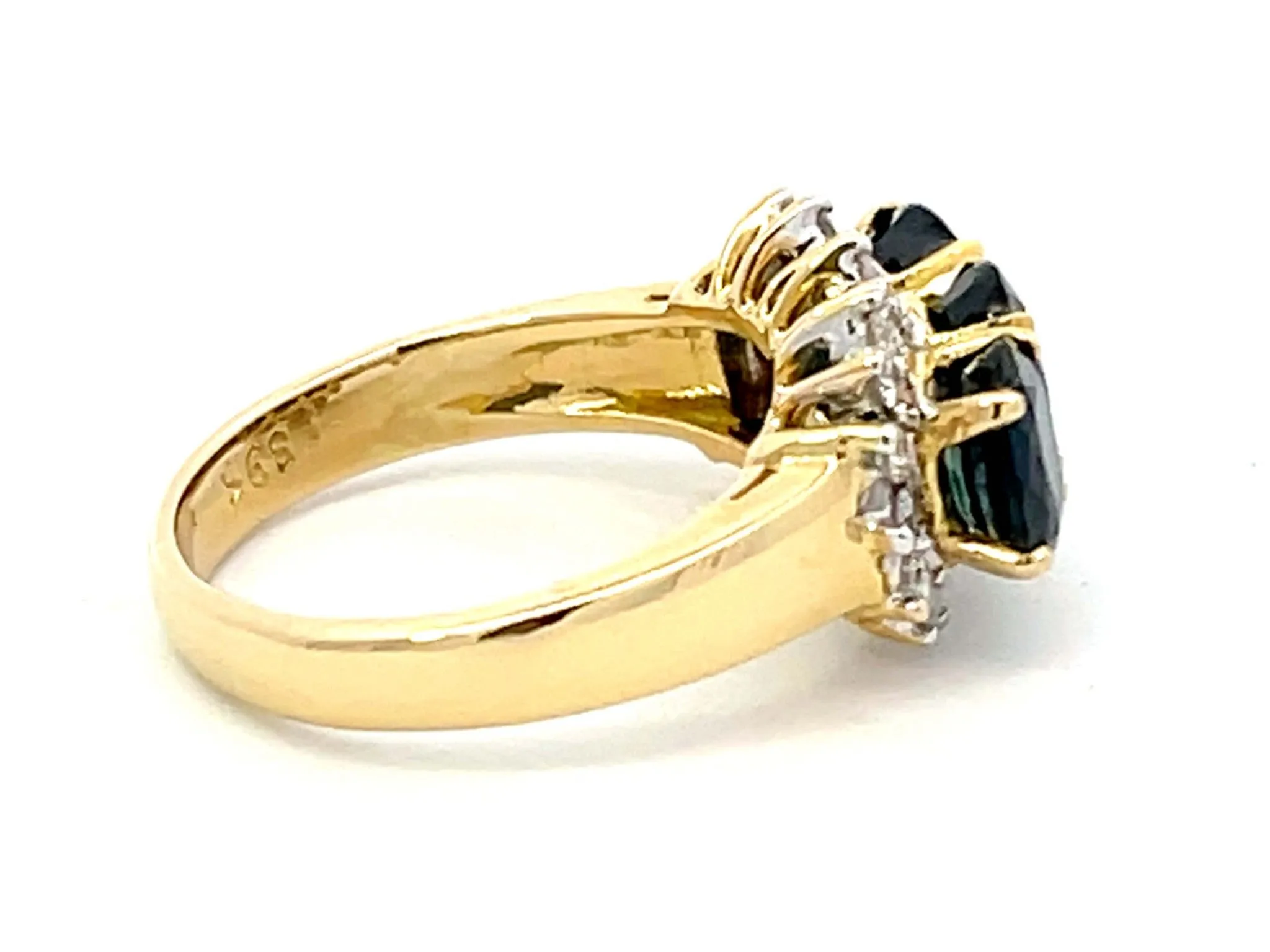 Three Oval Blue Sapphire and Diamond Ring in 18K Yellow Gold