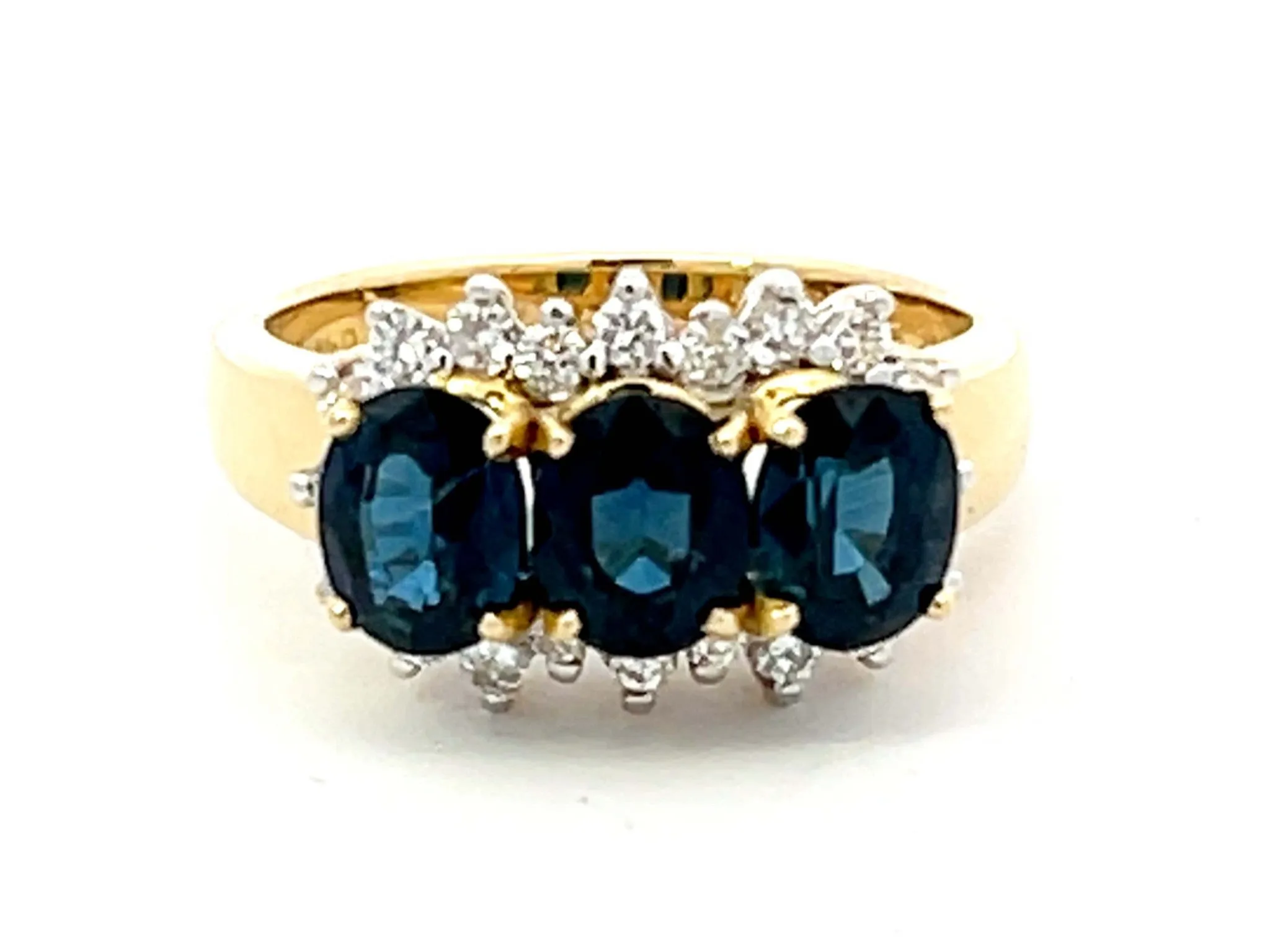 Three Oval Blue Sapphire and Diamond Ring in 18K Yellow Gold