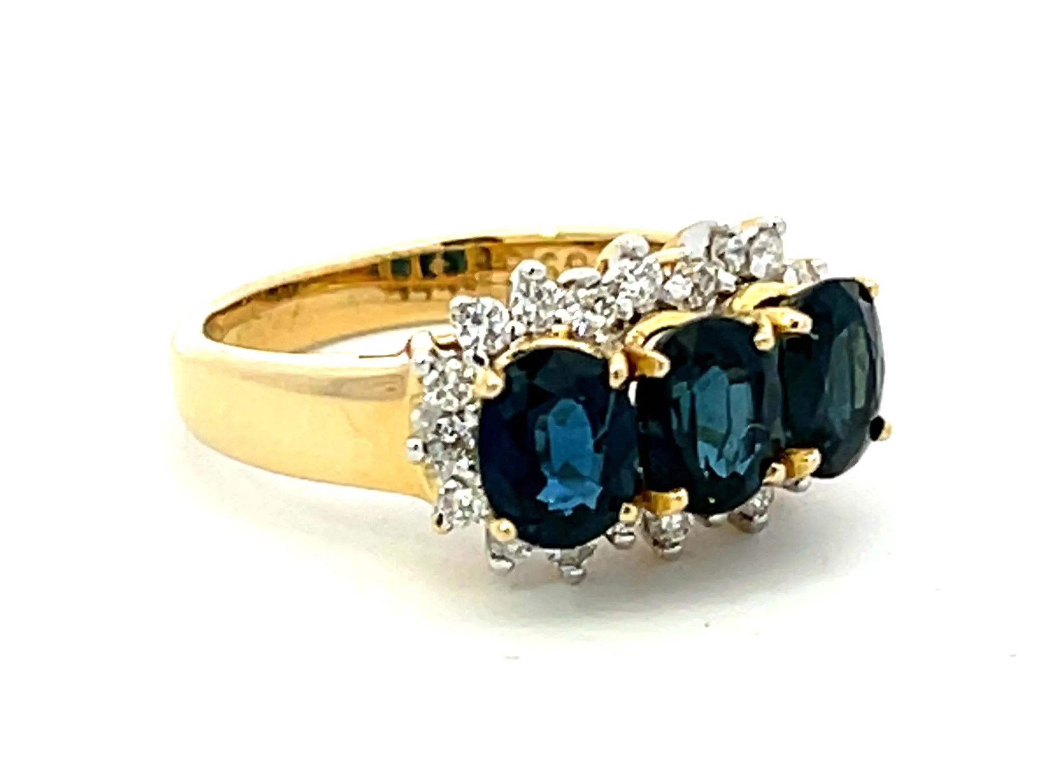 Three Oval Blue Sapphire and Diamond Ring in 18K Yellow Gold