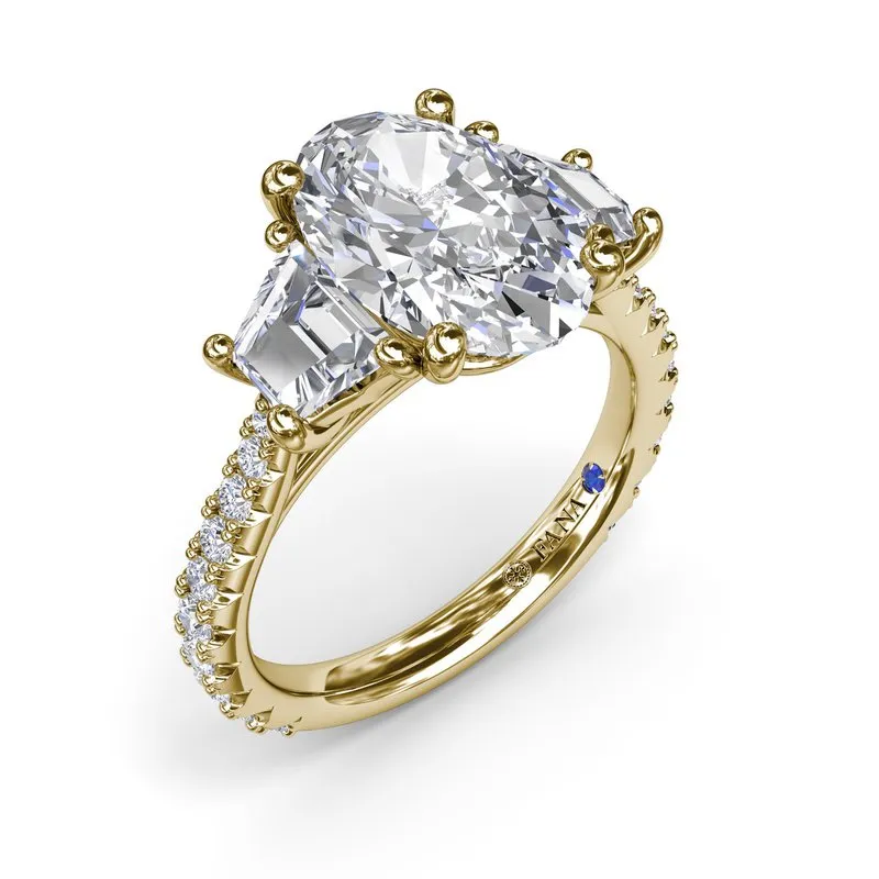Three Stone Oval and Trapezoid Engagement Ring