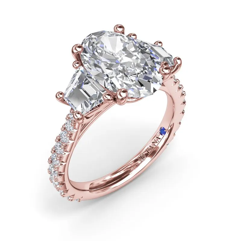 Three Stone Oval and Trapezoid Engagement Ring