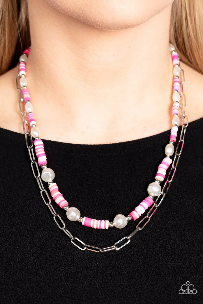 Tidal Trendsetter - Pink - Colorful Band White Pearl Paparazzi Tiered Short Necklace